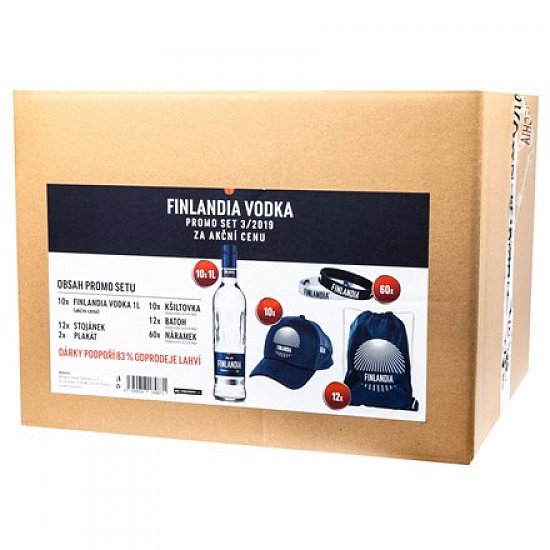 Finlandia 10x Vodka 1l + Kšiltovky, batohy a náramky