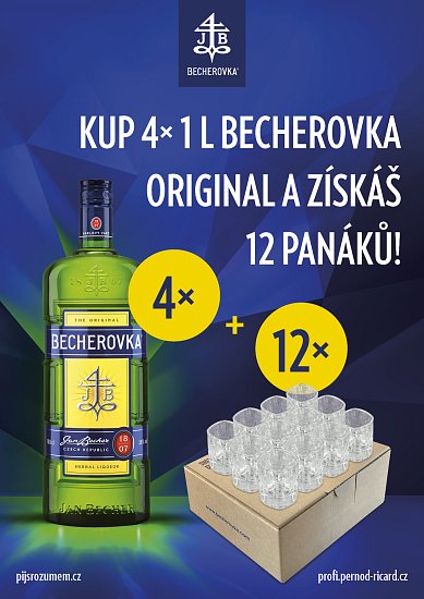 Set Becherovka 38% 4x1l + 12x panák
